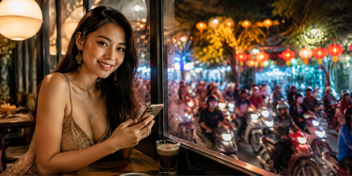 Người dùng tại Hà Nội dùng điện thoại truy cập casino trực tuyến trong quán cà phê buổi sáng