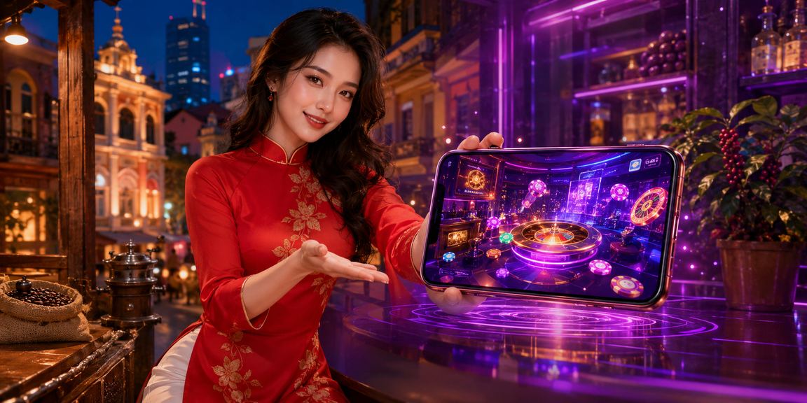 Người dùng tại Thành phố Hồ Chí Minh trải nghiệm ứng dụng casino trên điện thoại với trang phục áo dài truyền thống